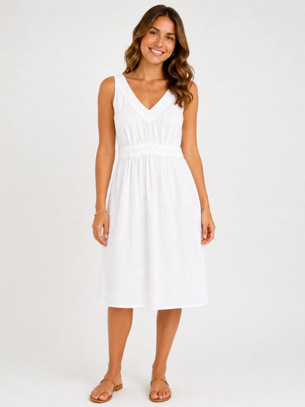 Oasis White Cotton Gauze Lace V‑Neck Sleeveless Knee Length Dress  US 6  Coastal